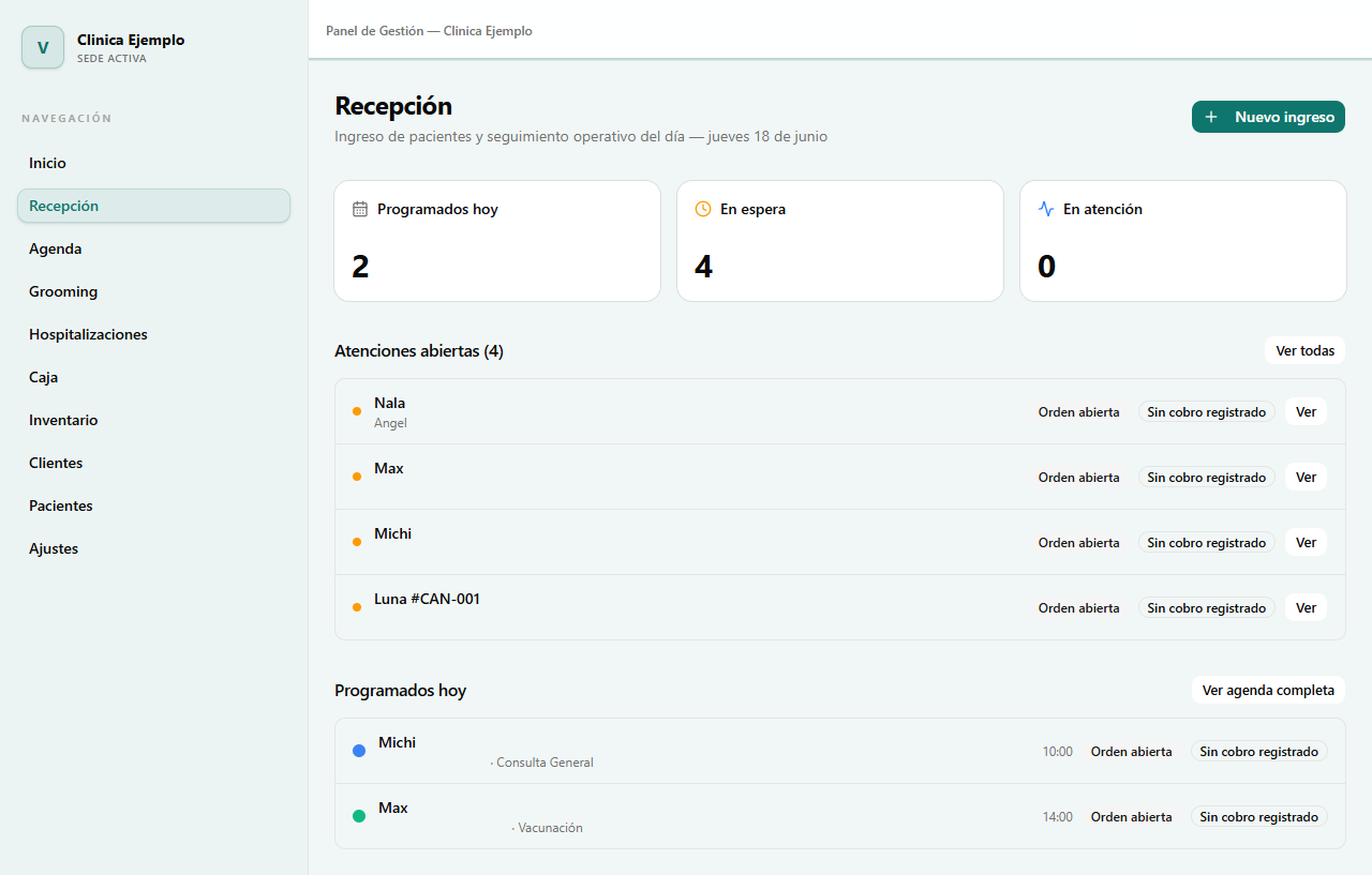 Dashboard de recepción de VetERP mostrando programación y atenciones operativas